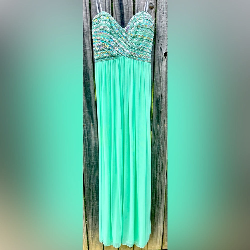 Aqua full length formal gown with gem embellishments